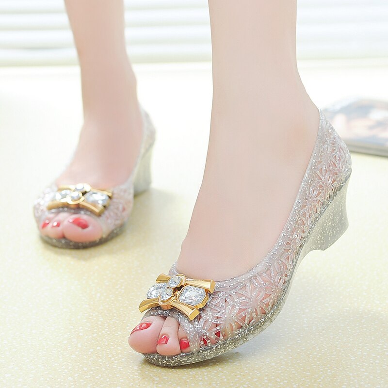 summer crystal wedge heel hole anti-skid jelly beach fish mouth cool shoes female