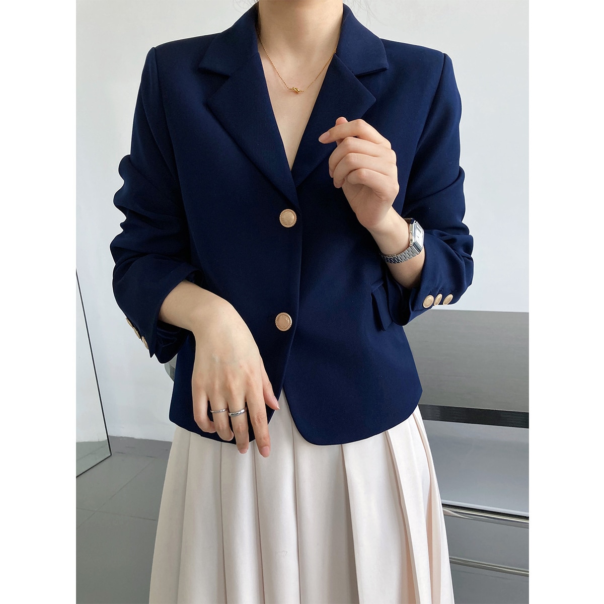 Solid Gold Button Detailed Lapel Button Up Crop Blazer Blue / Khaki Spring Women Short Jacket