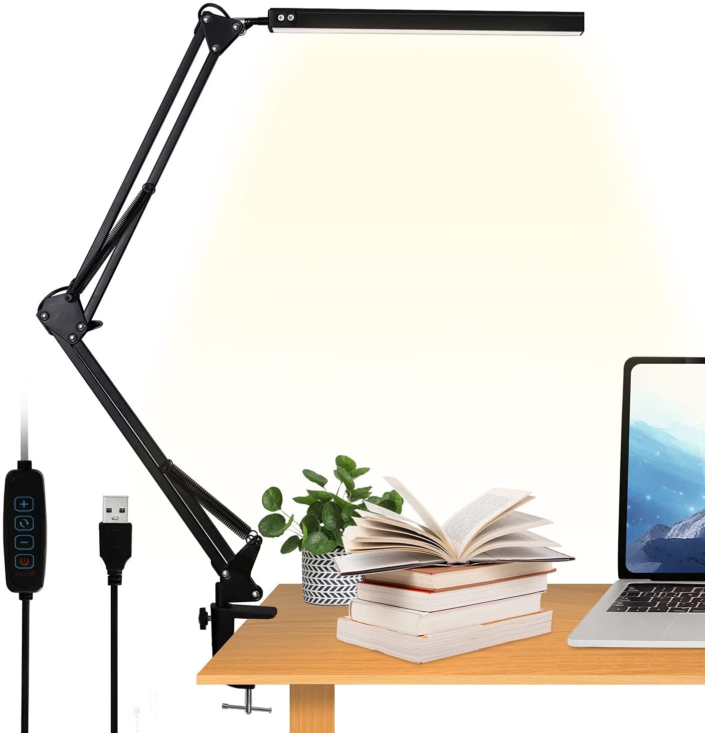 Led-bordslampe med klemme , 10w -sving-arm-bordslampe, iøjnefaldende dæmpbar skrivebordslampe med 10 lysstyrkeniveauer , 3 lystilstande: Sort