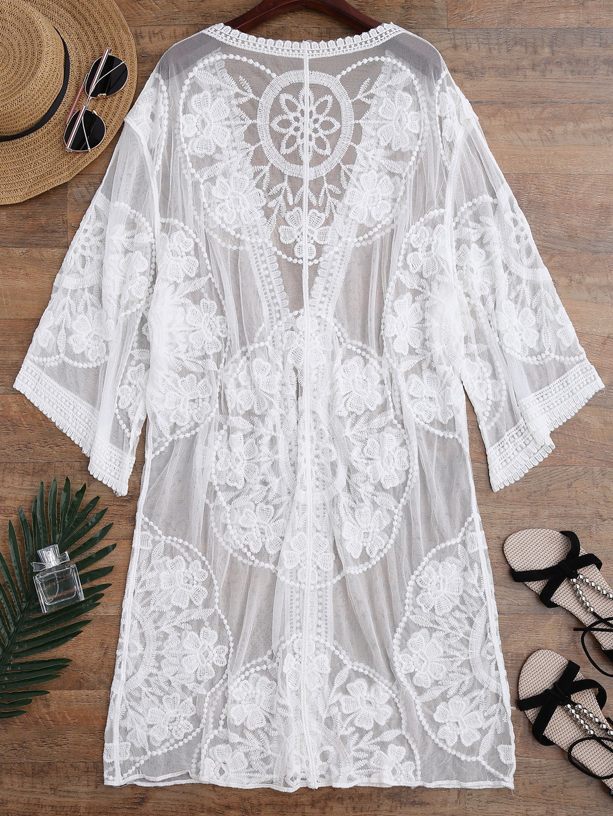 ZAFUL Women Sheer Lace Tie Front Kimono Cover Up Sunscreen Blouse Embroidered Cover Up Floral Thru See Through Cotton Summer