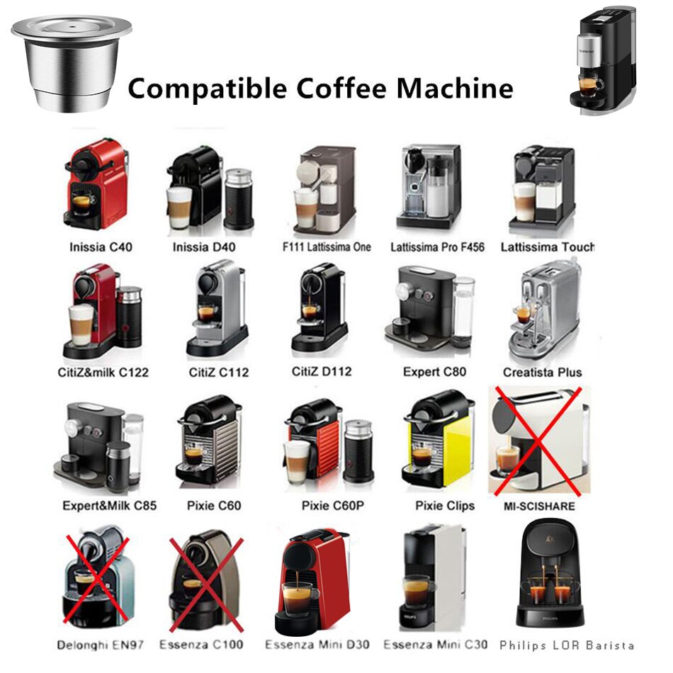 ICafilasICafilas 4pcs/Sets Stainless Metal Reusable For Nespresso Capsule With Press Coffee Grinds Tamper Espresso Coffee Maker