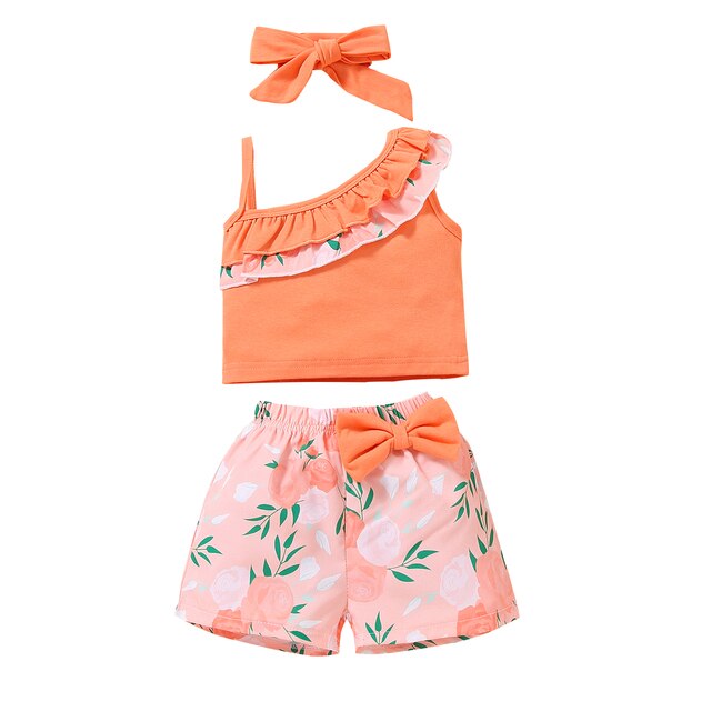 Meisje Zomer Drie Delige Set Mode Ruches Jarretel Tops En Bloem Boog Korte Broek Met Hoofdband: Oranje / 4T