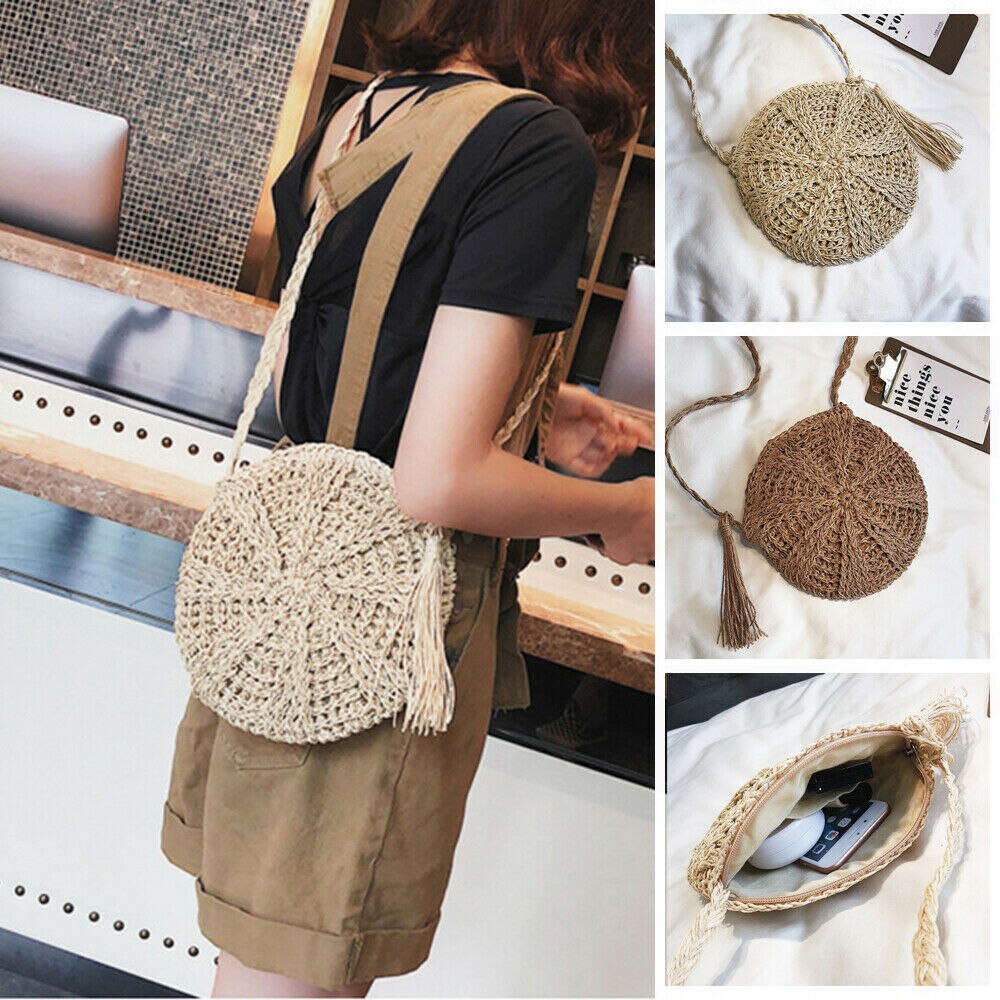 Rund strå taske håndlavet rattan vævet vintage retro halm reb strikket kvinder crossbody håndtaske frisk sommer strandtaske bohemia