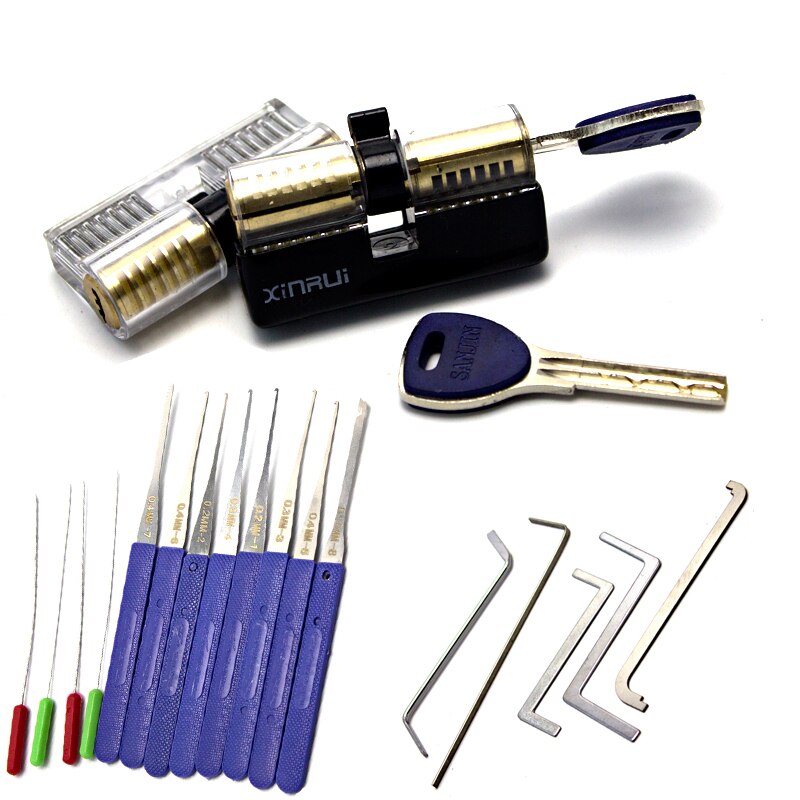 Practice Pick Lock Tool Set Combination,Broken Key Extractor Tool With Transparent Lock with Cover,Locksmith Tension Wrench TooL