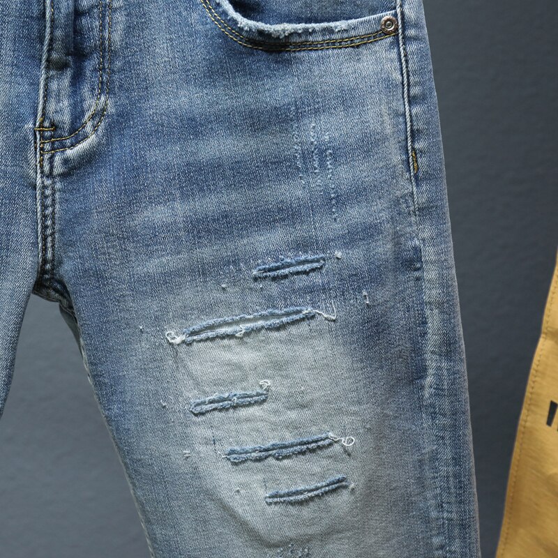 Pantalones cortos clásicos de mezclilla para hombre, Jeans deshilachados, elásticos, deshilachados, de cinco puntos, ropa de calle, novedad de verano