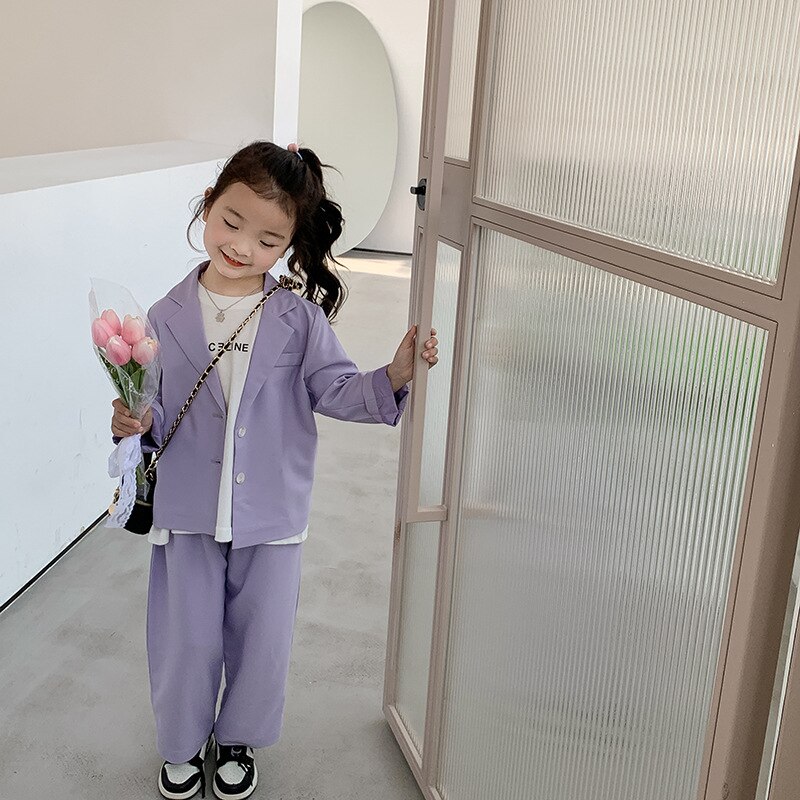 Lente Kinderen Casual Pak Outfits Mode Effen Kleur Pak Jas En Wijde Pijpen Broek 2 Stuks Meisjes Kleding Sets