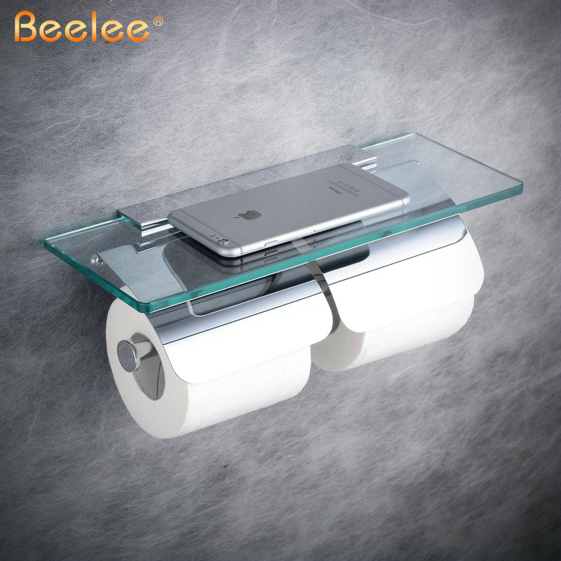 Beelee Toiletrolhouder Dubbele Massief Messing met Glas Badkamer Toiletrolhouder Voor Roll Papier Badkamer Accessoires