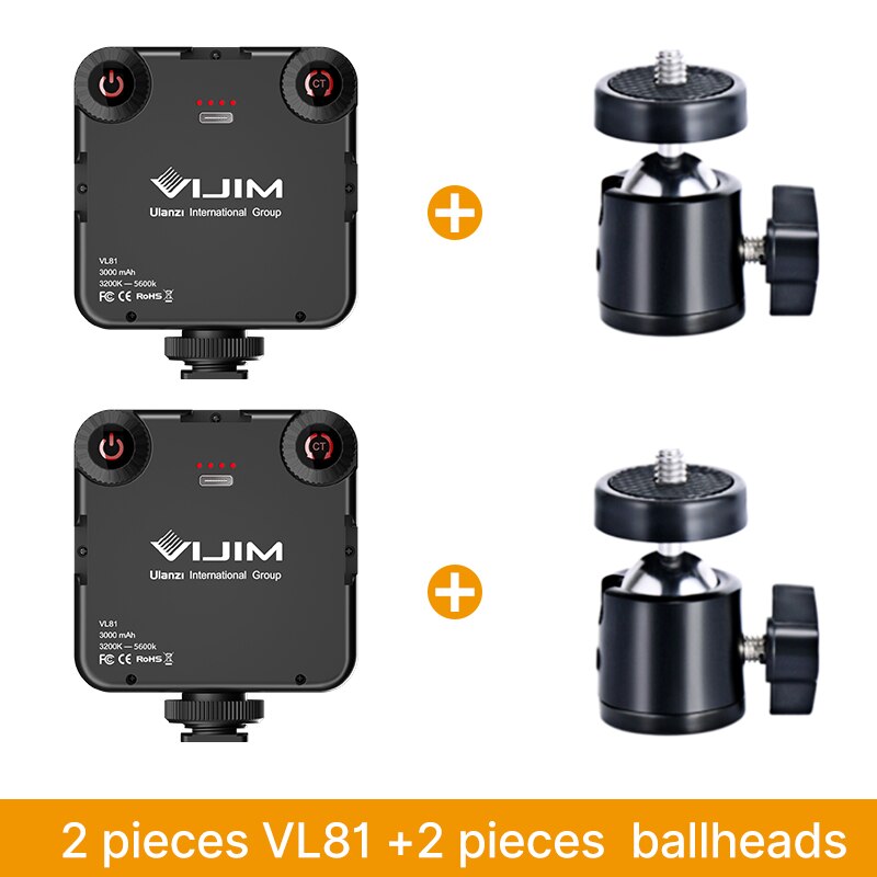 VIJIM VL81 LED Video Light Camera Light 3200-5600K 850LM 6.5W With Cold Shoe Mini Vlog Fill Light 3000mAh Panel Lamp Photography: 2pcs VL81 Ballhead