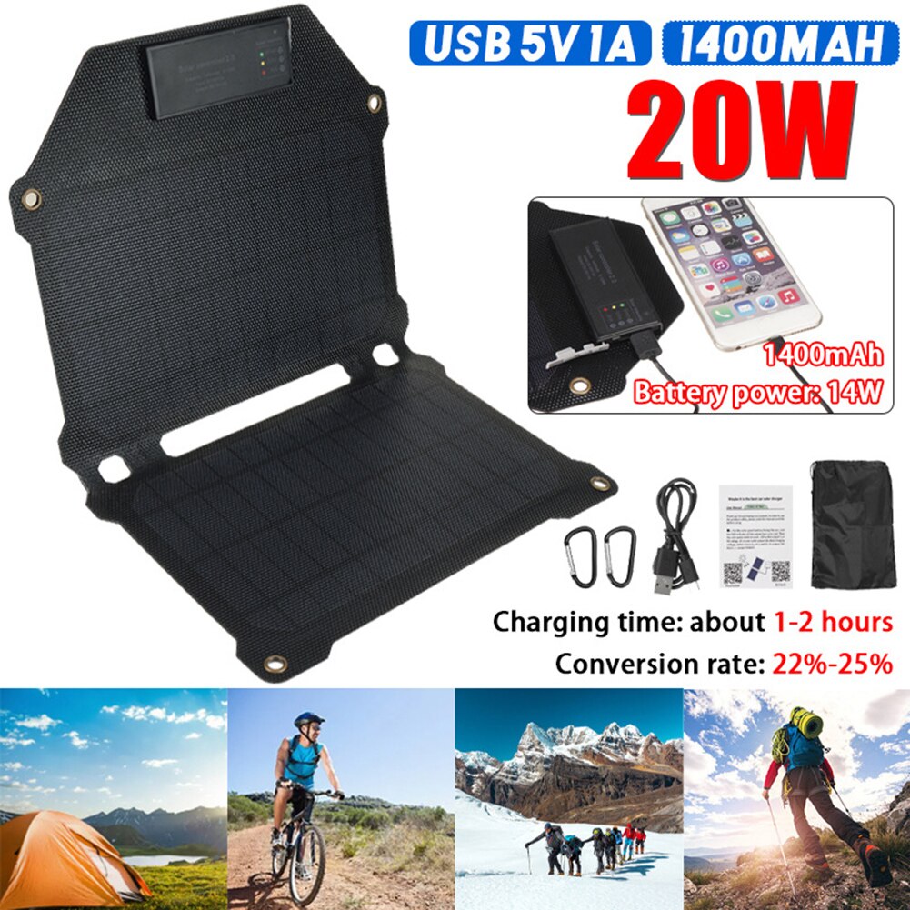 USB 5V 20W Outdoor Hiking Waterproof Solar Panel for Travel Camping Cycling Waterproof Solar Panel Charger Mobile Power Battery