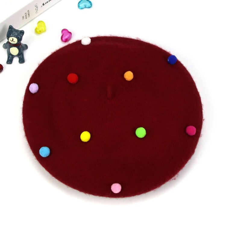 Boina de lana de invierno para niña, gorros cálidos Vintage para niños, boina plana para niñas, boina para mujeres, sombrero de invierno, traje para 3-6 años: wine red