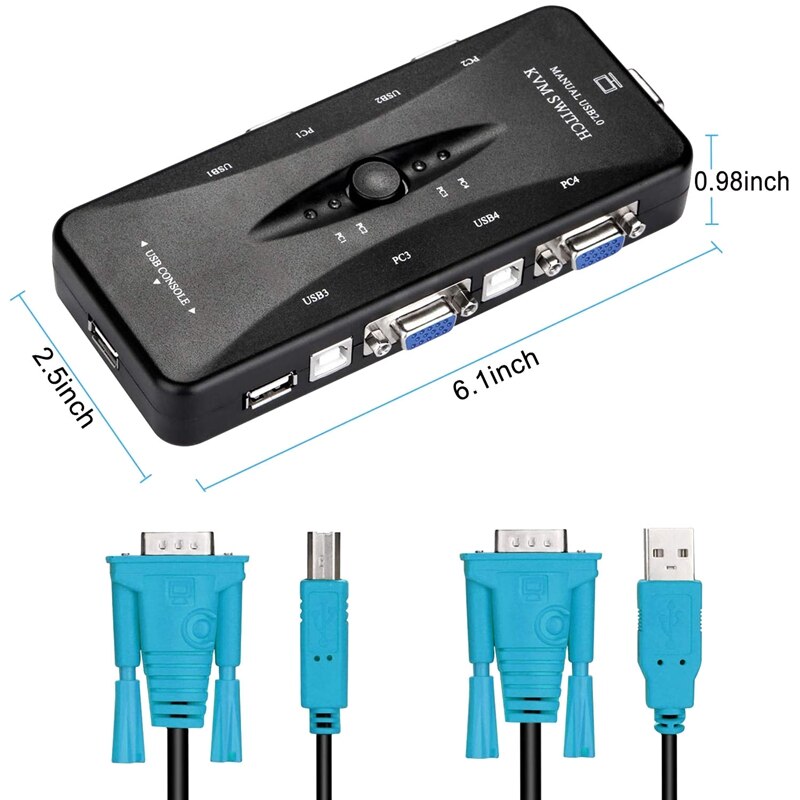 USB KVM VGA Switcher, 4 Ports USB 2.0 KVM Switch Box Adapter, One-Button Swapping, 4 VGA Cables Included
