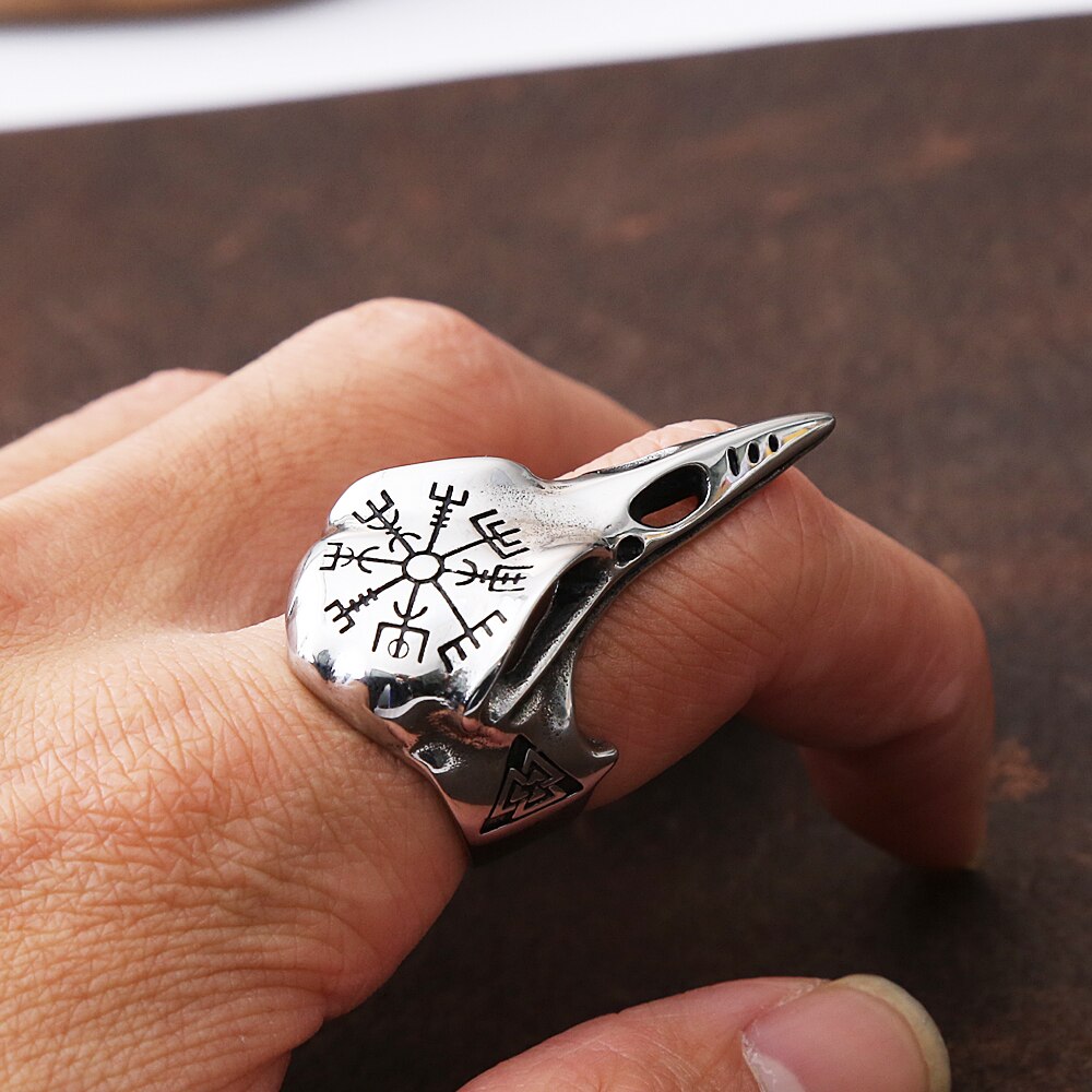 Vintage Odin Crow Skull Men&#39;s Ring Gothic Stainless Steel Compass Rings For Men Viking Accessories Valknut Ring Amulet Pattern