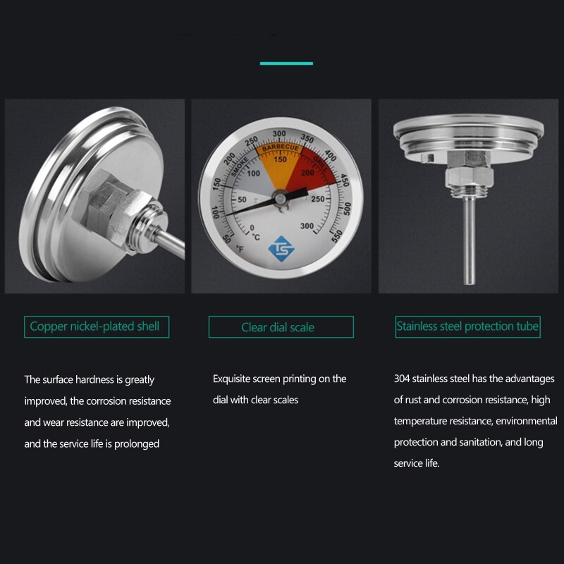 0-300 ℃  / 50-550 ℉ grill analogt termometer til kulgrill pit grill ryger analog bimetalhætte låg temperaturmåler