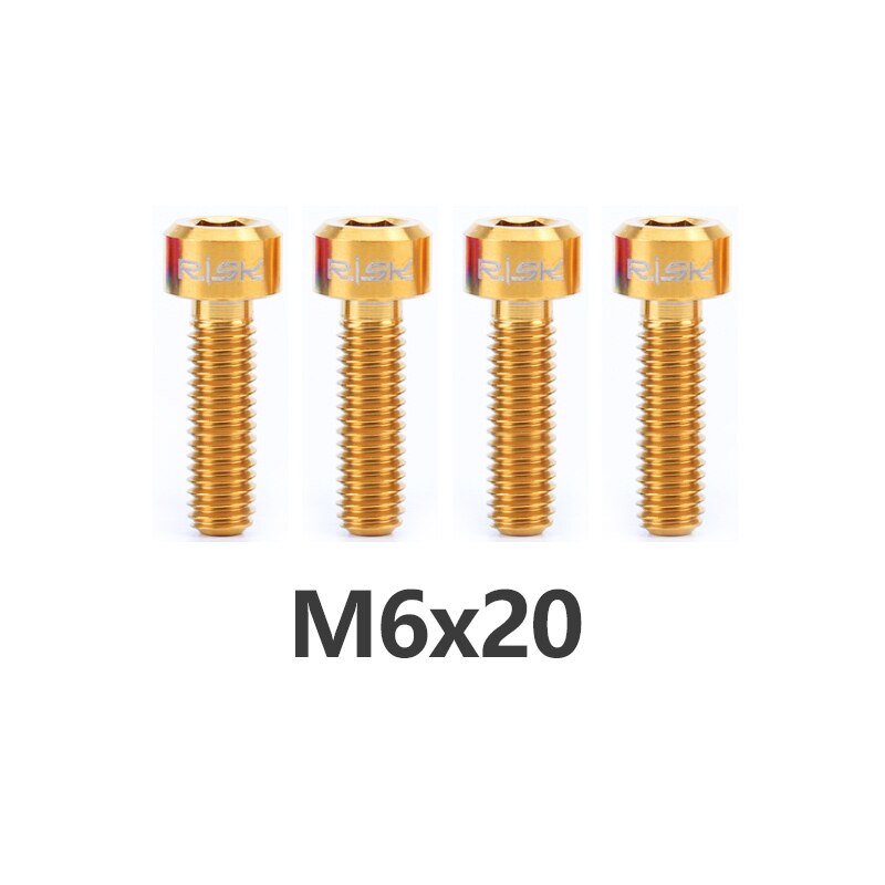 RISK 4pcs M6x16/18/20mm 4 Colors Titanium Alloy Bicycle Disc Brake Clamp Bolt Suit For SLX XT MTB Bike Device Fixed Screw Bolts: M6x20mm  Golden