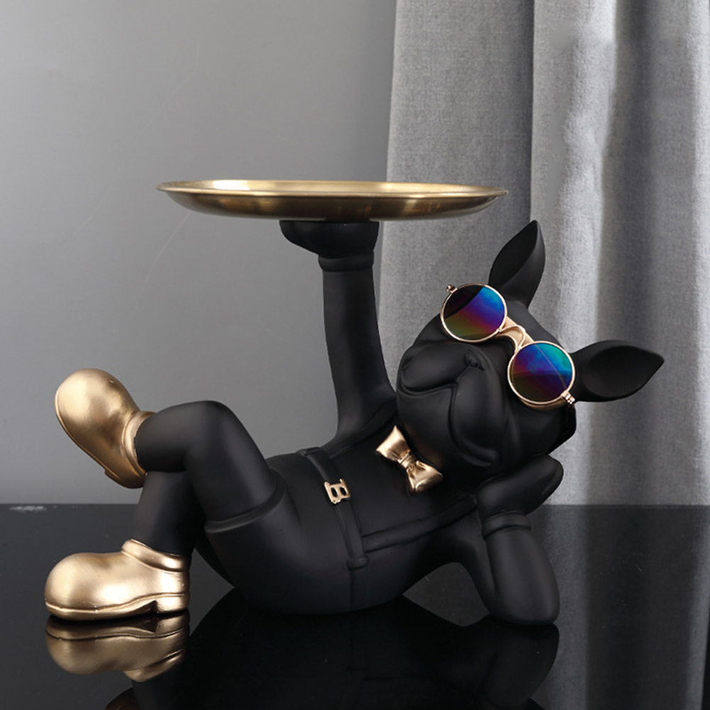 Estatua de perro de resina para decoración de sala de estar, escultura de perro, bandeja de mesa, adornos, estatuilla de Bulldog Francés para decoración de escritorio Interior del hogar: Grey