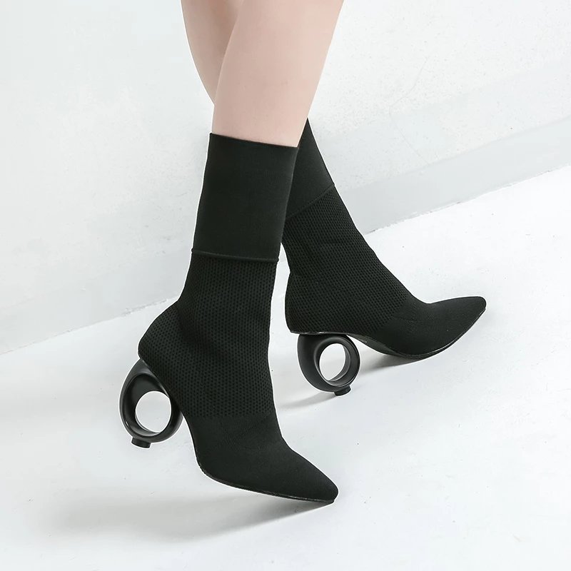 Aneikeh Trendy Stretch Sok Laarzen Enkel Lange Vreemde Fretwork Hakken Puntige Gebreide Laarzen Maat 34-40 Zwart abrikoos: Black / 5