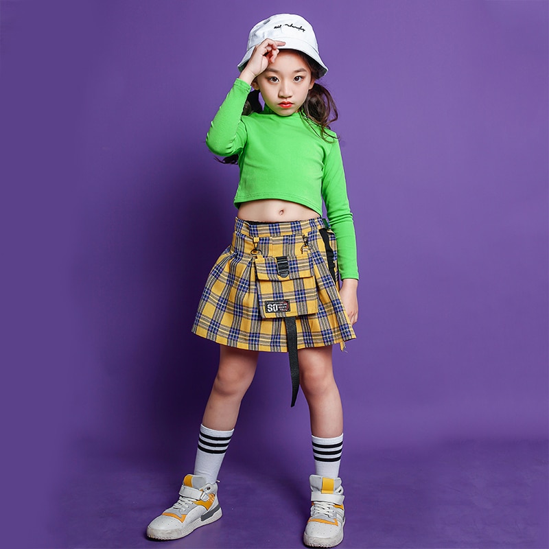 Kids Ballroom Hip Hop outfits Sweatshirt plaid Skirt dancing clothing Girls carnival Jazz Dance Costume Clothes Stage Wear