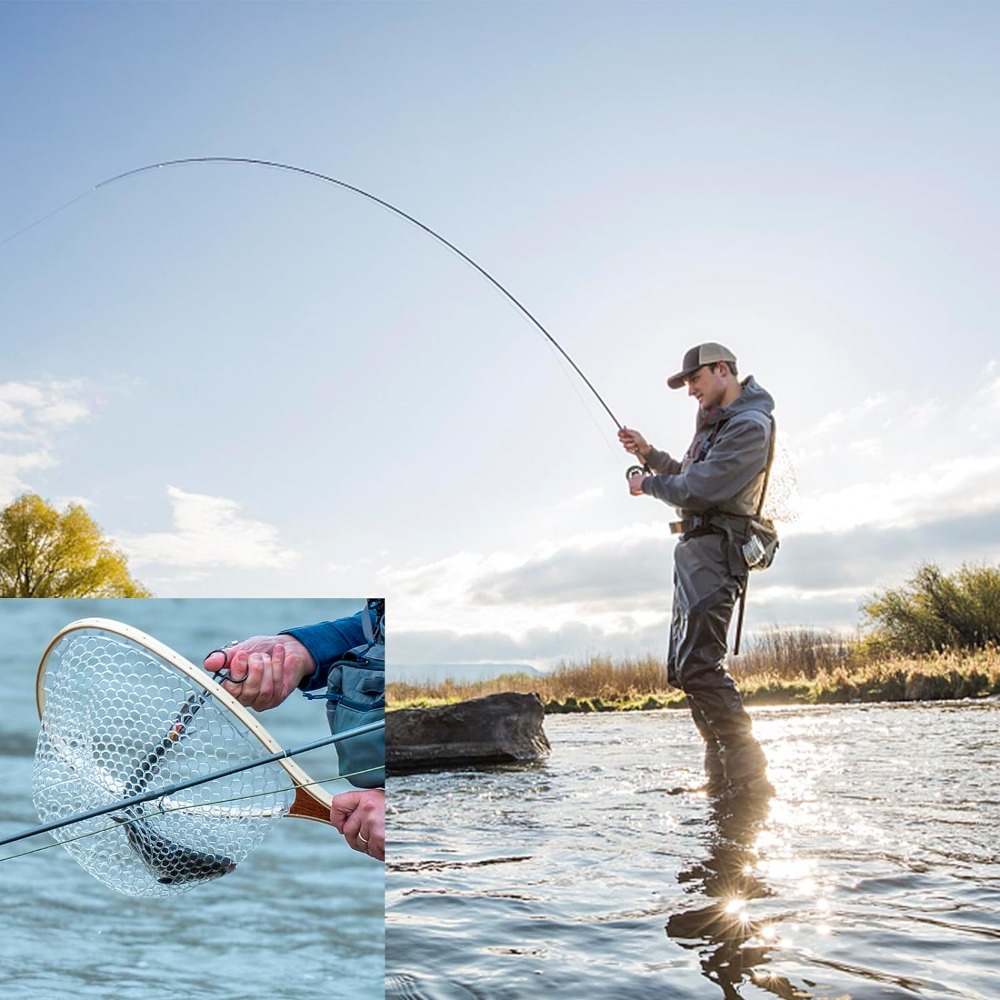 Landing Fish Net Fishing Hand Nets with Clear Rubber Mesh Netting Wooden Handle Fly Fishing Equipment for Catch and Release