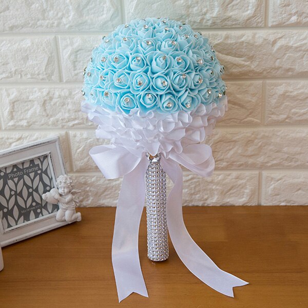 Bouquet de fleurs en mousse pour mariage 6 couleurs, romantique pour demoiselle d'honneur demoiselle d'honneur, strass en cristal, décoration de mariage: Sky blue