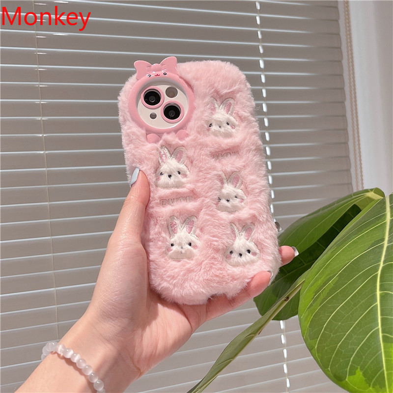 Fluffy plysj 3d søt kanin rosa telefondeksel til iphone 15 pro max deksler 14 12 11 pro max beskyttende mykt deksel til iphone 13 deksel