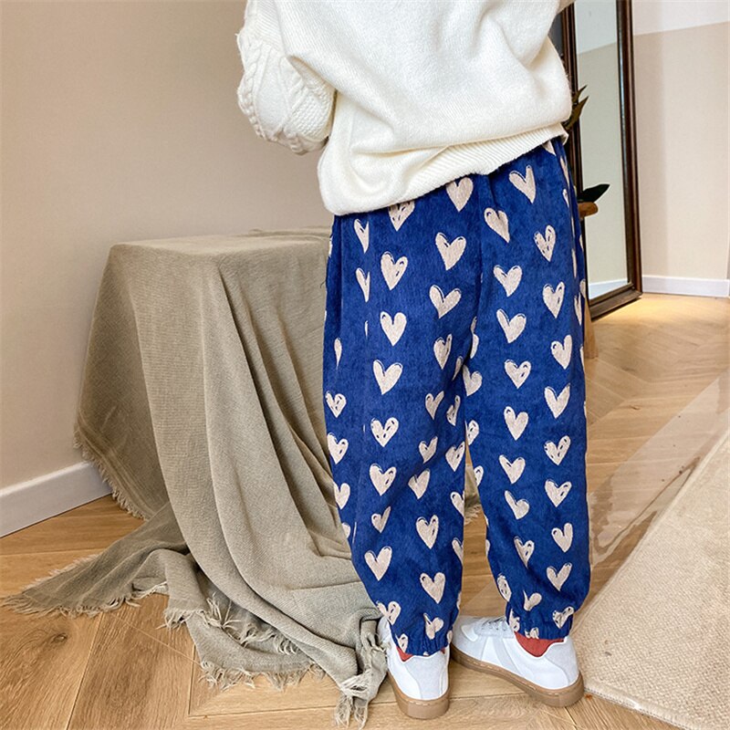 Meisjes Lente Herfst Liefde Print Corduroy Broek 1-8 Jaar Mode Losse Alle-Wedstrijd Casual Broek