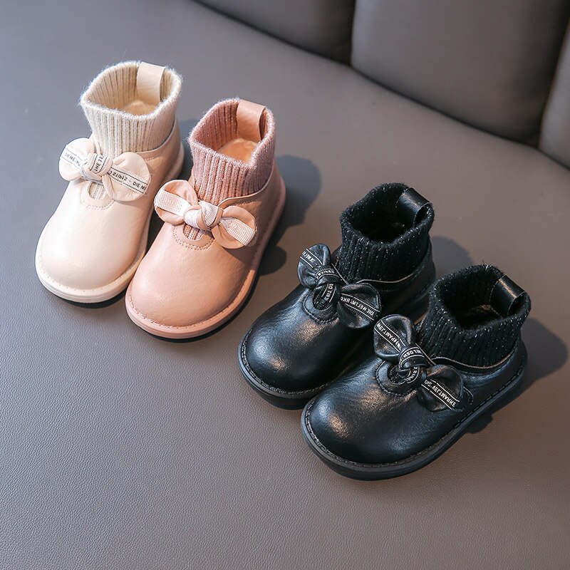 Winter Baby Girls Princess Boots Children Bow Ankle Boots Toddler Slip On Shoes Warm Brand Boots Soft Black Boots Shoes