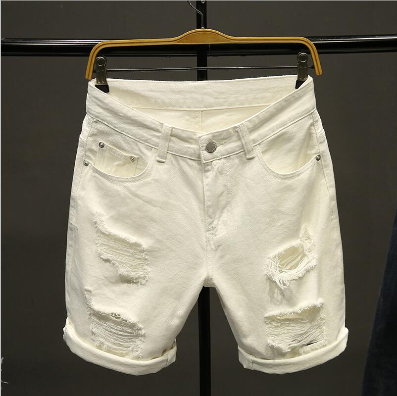 Lige jean korte mænd sommer hvid revet løs hip hop huller mandlige ensfarvet afslappet strand denim shorts midt i taljen: Hvid / 31