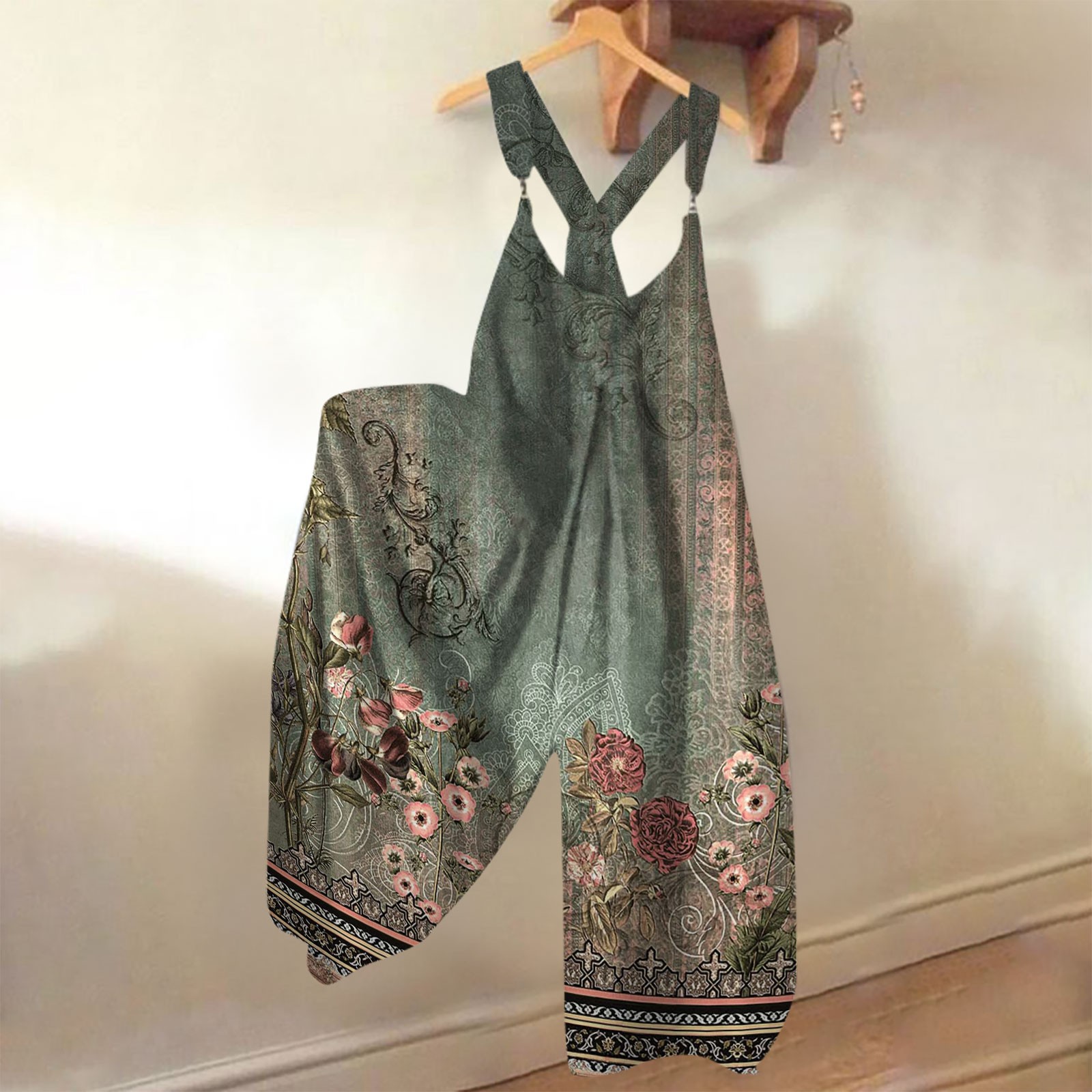 Brede overalls til kvinder, afslappet, løse ærmeløse jumpsuits med retroprint, metalknapper, lange bukser med lommer: M / Mørkegrøn