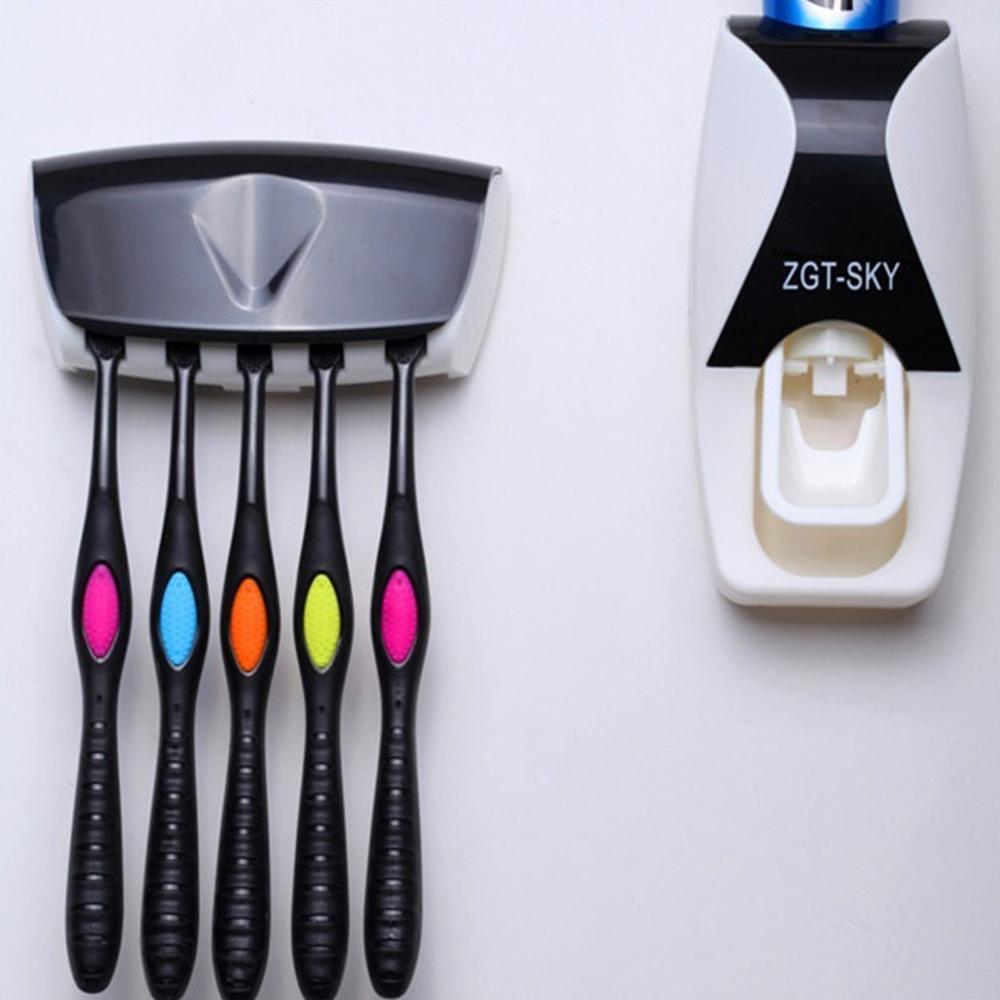 Automatische Clever Zahnpasta Spender + 5 Zahnbürste Lagerung Organizer Halfter Gestell einstellen Zauberstab Halterung Ständer Presse: Schwarz