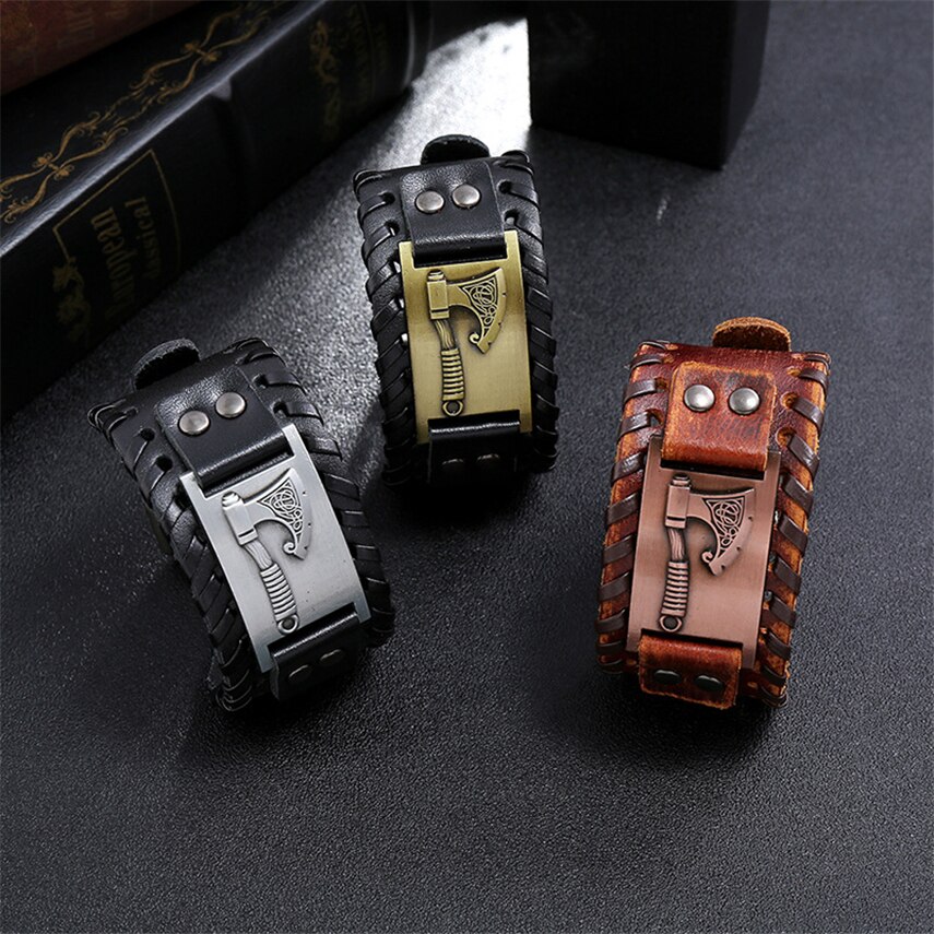 Adulto Medieval Cosplay pulsera de cuero Vintage Punk vikingo Ax guantelete pulsera brazalete Steampunk mediana edad Accesorios