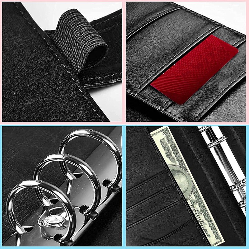 PU Notebook Binder Budget Planner, A6 Notebook with 44 Pages Loose-Leaf Filler Paper,Cards