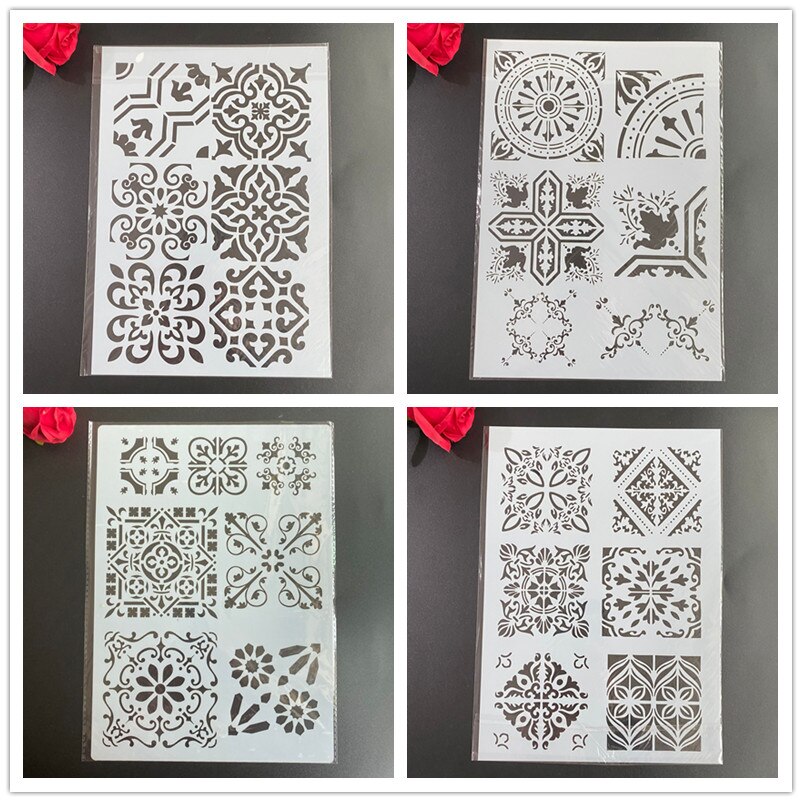 Plantillas de patrones vintage A4 para colorear, álbum de recortes en relieve, plantilla decorativa para pasteles, 4 unids/set por juego
