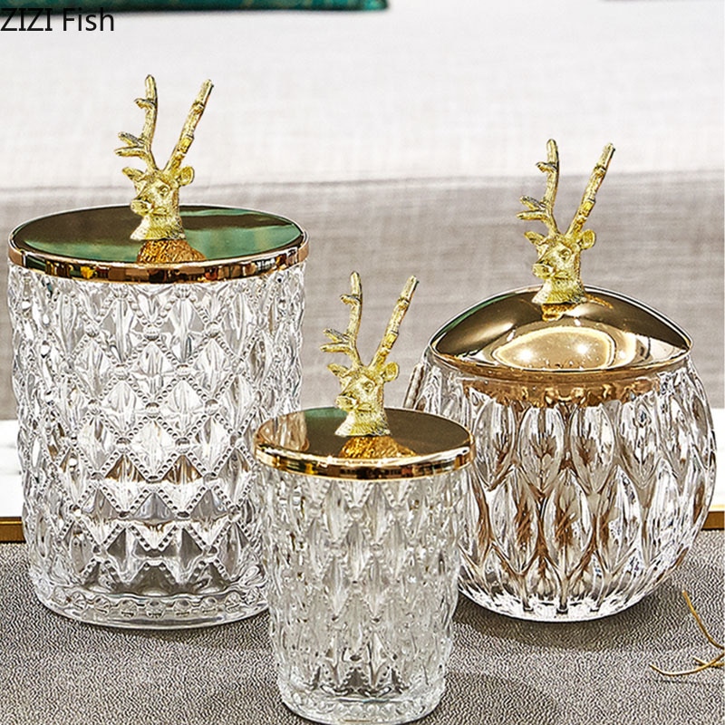 Glazen afgesloten voorraadpot gouden hertenkop deksel kruidenpotjes ornamenten kruidenkristal vochtbestendige container snoeppot