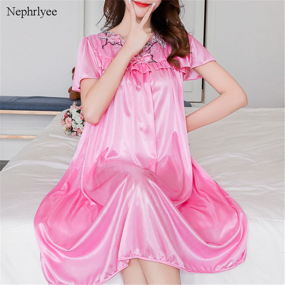 Women Night Dress Long Nightgowns Women Casual Short Sleeve Sleepwear Female Loose Nightwear Homewear Femme SLP120: Mid Pink