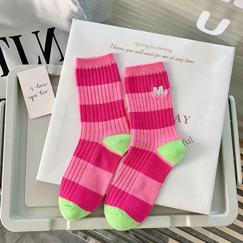 Calcetines largos de algodón para mujer, calcetines coreanos blancos transpirables de ocio para niñas, calcetines bordados para hombre, calcetines a rayas para primavera y verano para mujer: Caqui