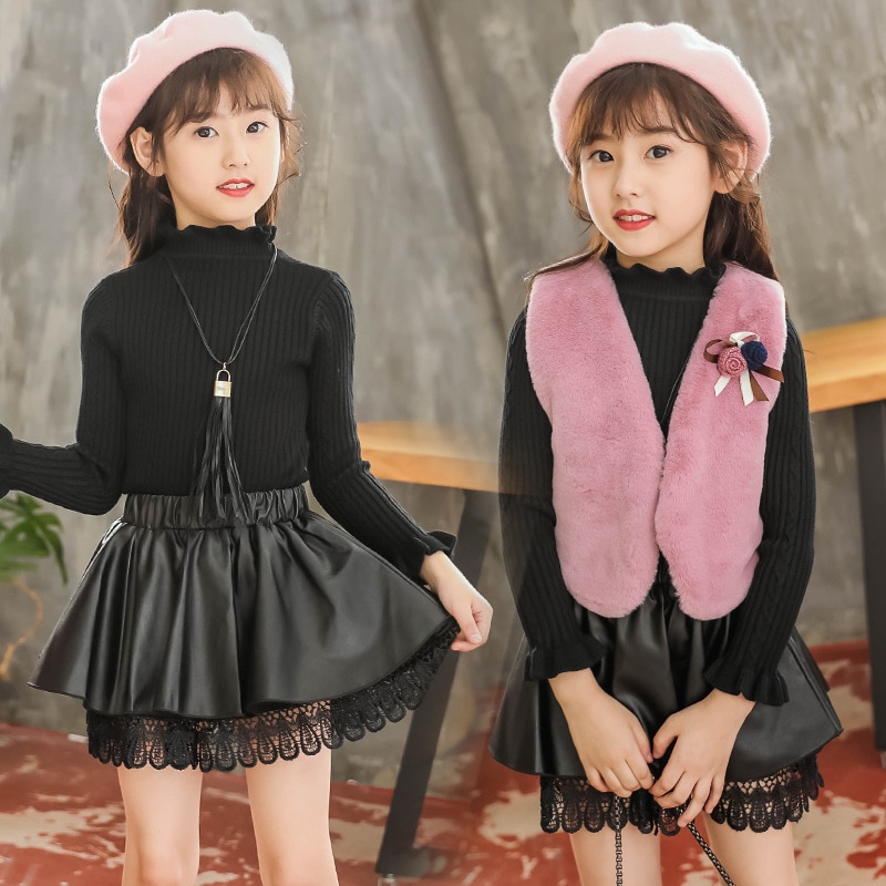 Children's PU Leather Skirt Autumn Winter Toddler Clothing Kid Faux Leather Mini Skirts Baby Princess Lace Clothes for 3-13Years