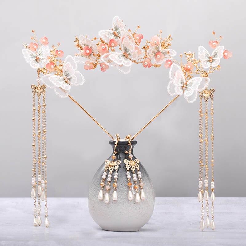 Chinese Hanfu Dress Hairpins Clips Hair Combs Ear Clips Jewelry Set Butterfly Flower Step Shake Long Tassel Headpieces