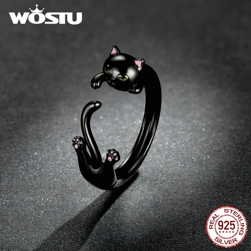 Wostu Verstelbare Authentieke 925 Sterling Silver Zwarte Kat Engagement Open Ringen Voor Vrouwen Vrouwelijke Originele Sieraden CTR217