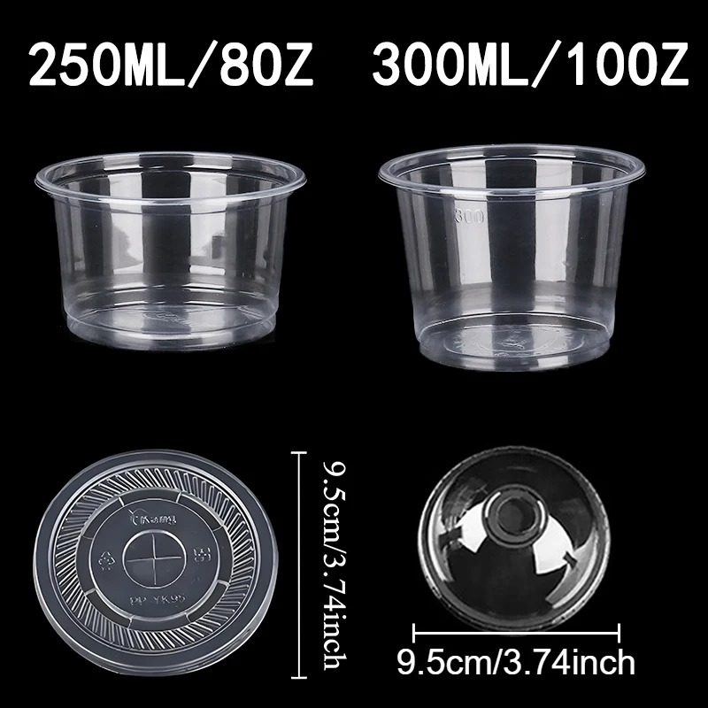 50 stk. engangs plastkopper gjennomsiktige dessertkopper boller med kuppel-/flat lokk fruktjuice kaffe iskrem kakebeholder