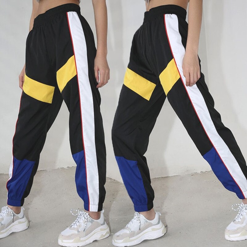 Mulheres verão splice sweatpants cintura alta contraste cor carga calças soltas jogger execução streetwear