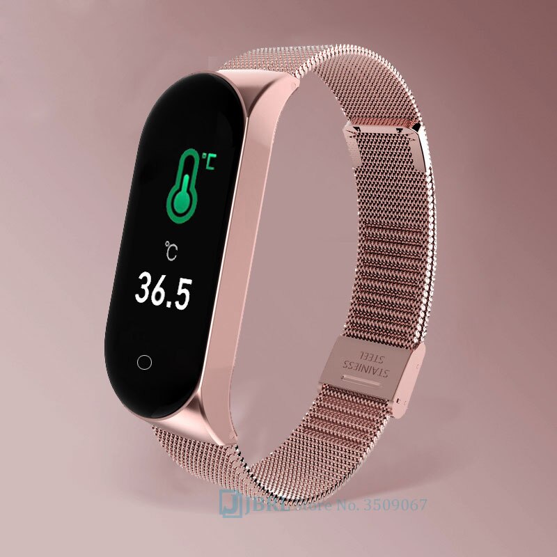 Più nuovo Temperatura Intelligente Wristband Degli Uomini Delle Donne Bluetooth Smartband Laides di Fitness Mens Del Braccialetto di Android IOS Phone Heart Rate Orologio: steel gold