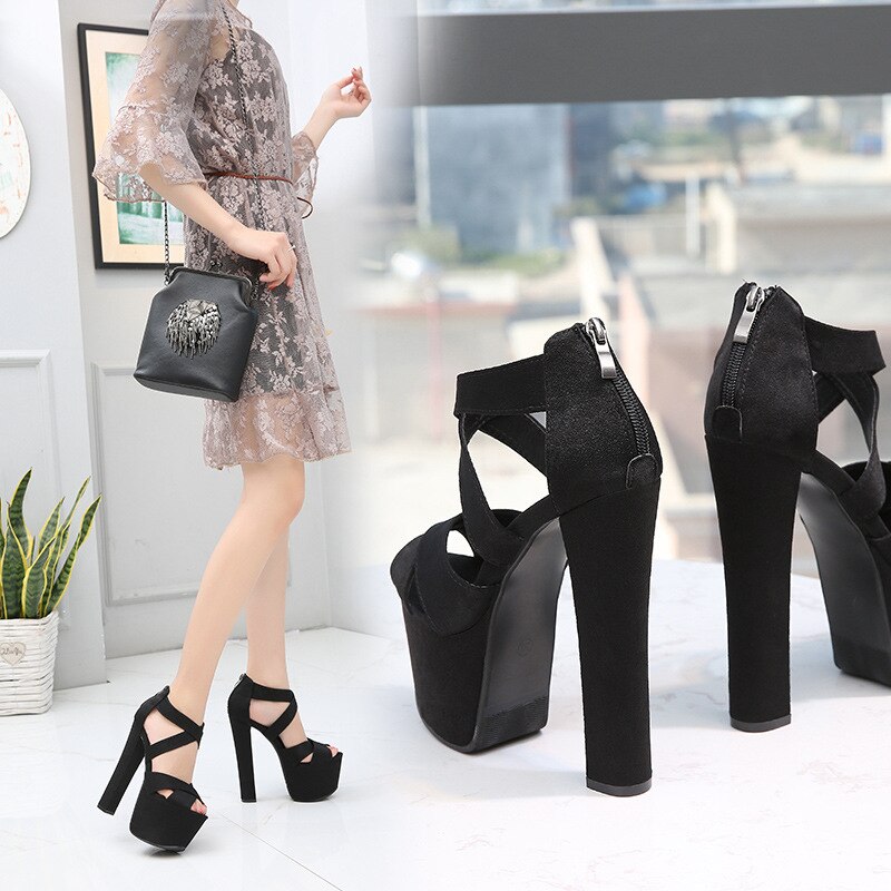 LTARTA17Cm scène Catwalk Super haut talon grossier talon sandales fermeture éclair noir talons hauts femme été femmes sandales ZYW