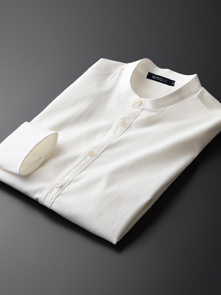 Staande kraag herenoverhemden luxe lyocell stof lente herenoverhemd lange mouw plus maat 4xl slim fit tencel heren overhemd