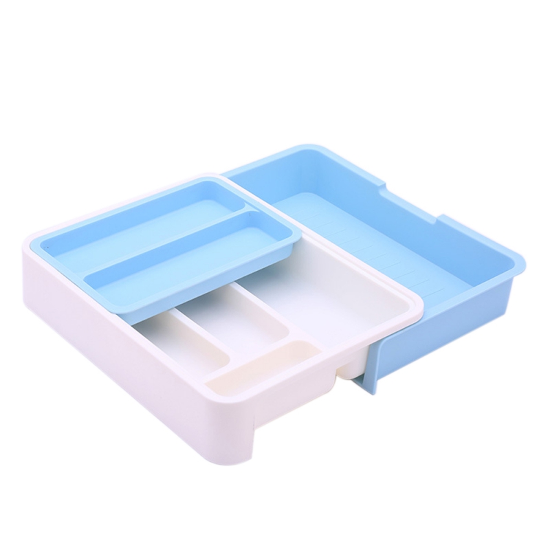 Adjustable Small Utensil Silverware Organizer Plastic Cutlery Dividers Organizer Tray Holder Expandable Kitchen Drawer Organizer: Blue