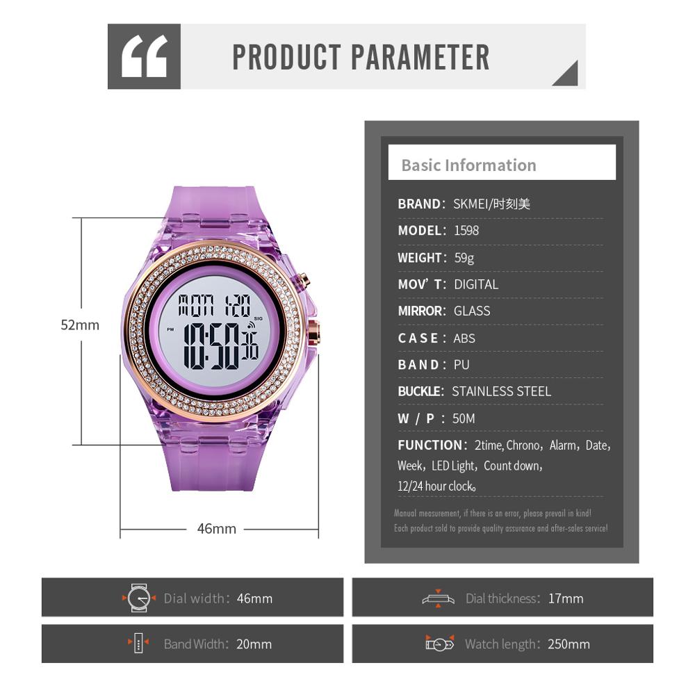 Skmei dreng pige teenager ure led digitalt armbåndsur mænd kvinder diamant gennemsigtig urkasse ur 2 tid reloj 1598