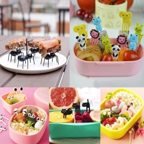Nyhed plastik tegneserie dyr myrer katte musiknote form mad frugt gaffel picks sæt til fest kage dessert bento tilbehør