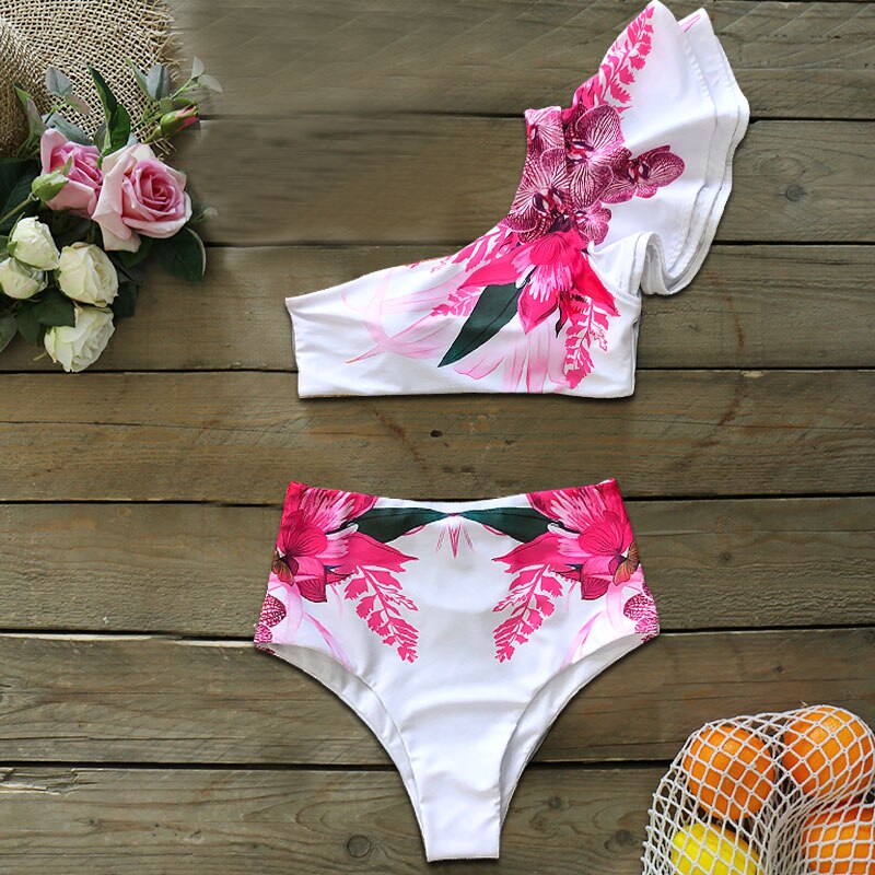 Een Schouder Badpak Print Bikini Braziliaanse Bikini Set Hoge Taille Badpakken Badpak Zomer Beachwear: L