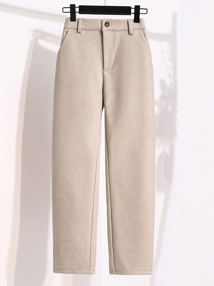 Plus Size Wollen Broek Dames 2024 Herfst Winter Nieuwkomers Beige of Zwart Pakbroek Broek Koreaanse Stijl Elastische Taille Broek