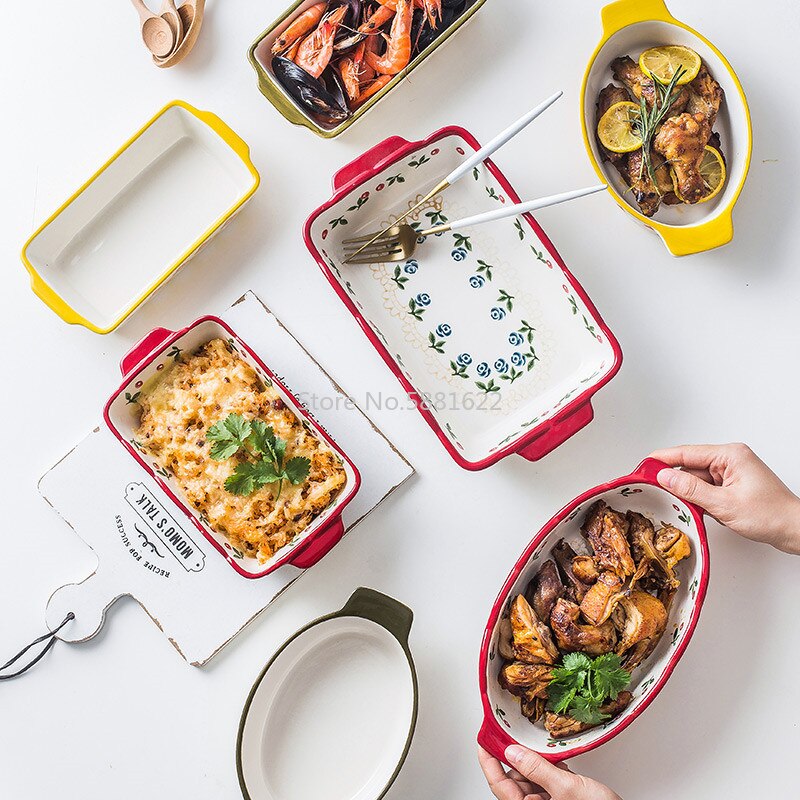 Ceramic Baking Dish Roasting Lasagna Pan Rectangular Dish Bakeware with Handle Microwave Hand-painted Dessert Plate