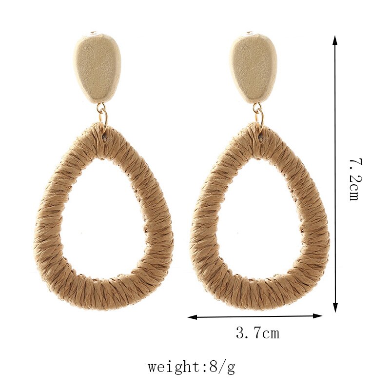 Ladies Boho Handmade Water Shape Vine Rattan Straw Woven Dangle Earrings For Women Bohemian Wooden Earring Jewelry